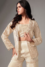 Cream Chinon Crop Top Sharara Set with Beaded Embroidered Blazer - red saree embroidered