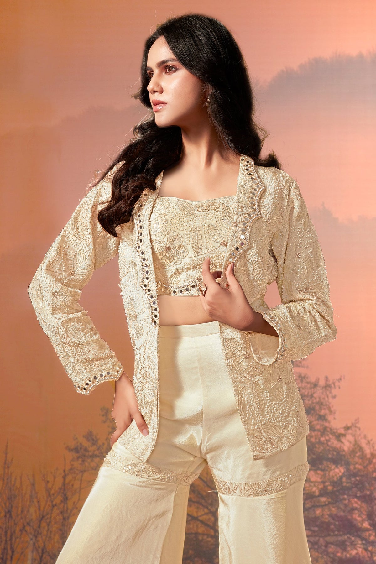 Cream Chinon Crop Top Sharara Set with Beaded Embroidered Blazer - red saree embroidered