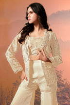 Cream Chinon Crop Top Sharara Set with Beaded Embroidered Blazer - red saree embroidered