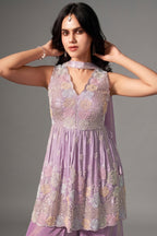 Lilac Purple Tissue Silk Sequin Cutdana Worked Palazzo Suit - purple silk saree