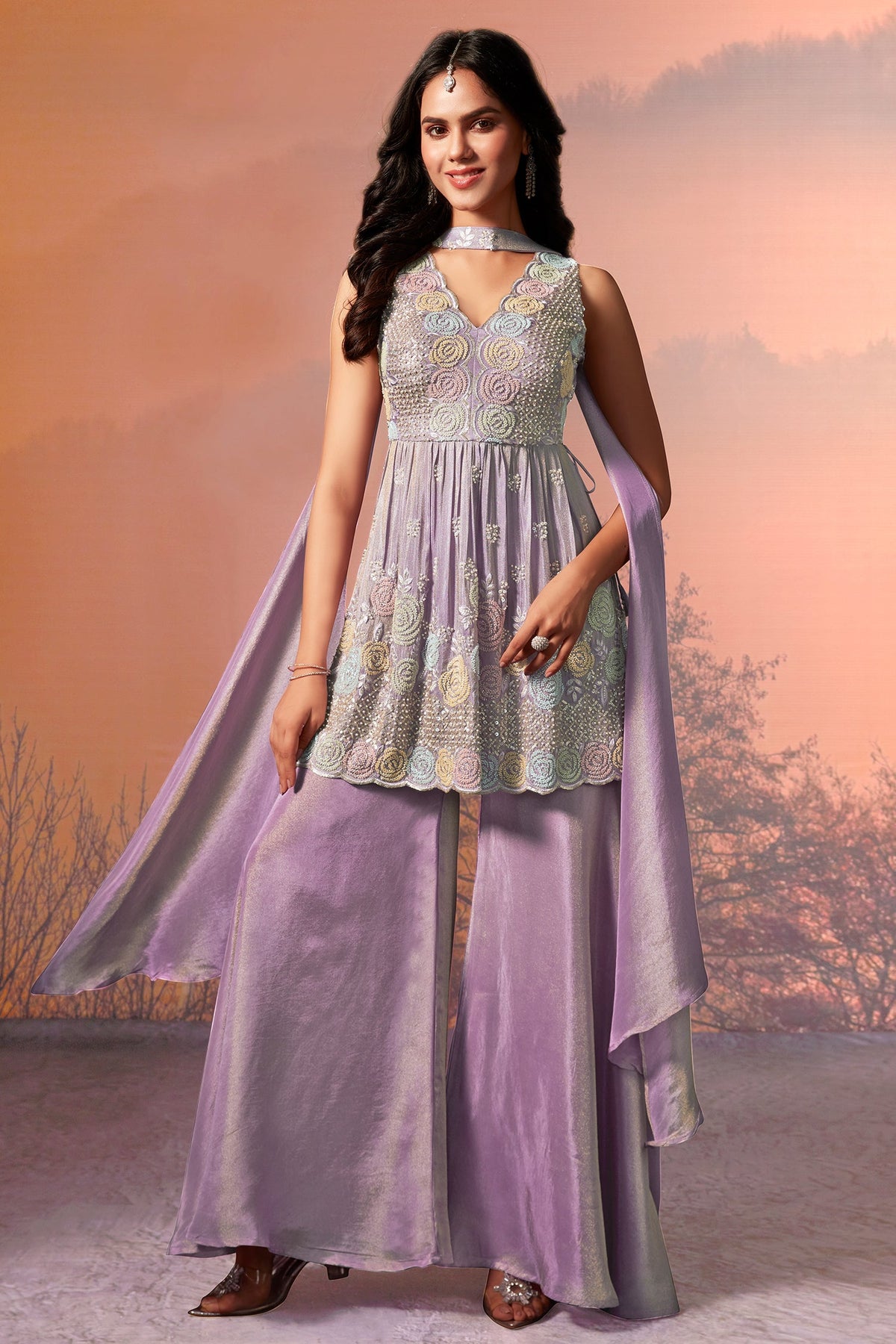 Lilac Purple Tissue Silk Sequin Cutdana Worked Palazzo Suit - purple silk saree