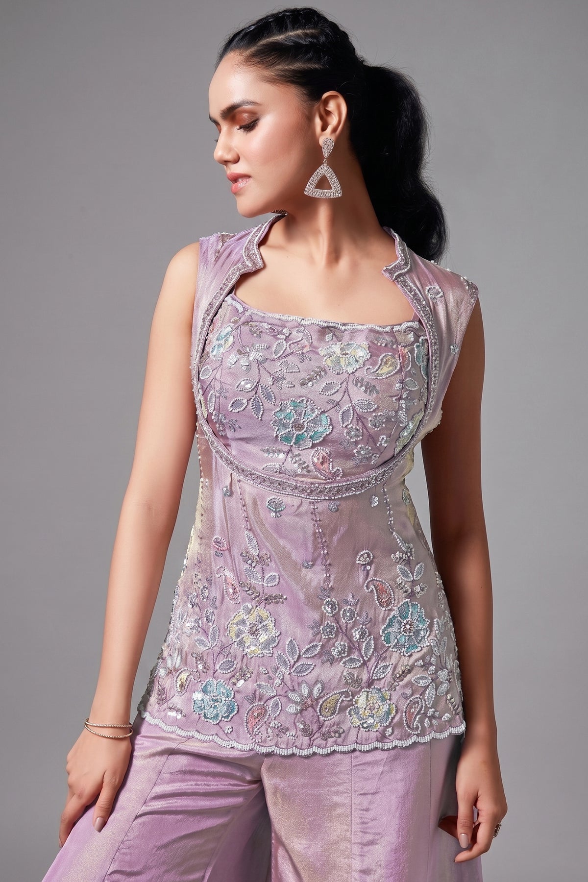 Lilac Purple Tissue Silk Sequin Beaded Palazzo Set - purple silk saree