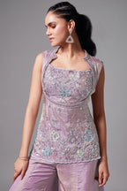 Lilac Purple Tissue Silk Sequin Beaded Palazzo Set - purple silk saree