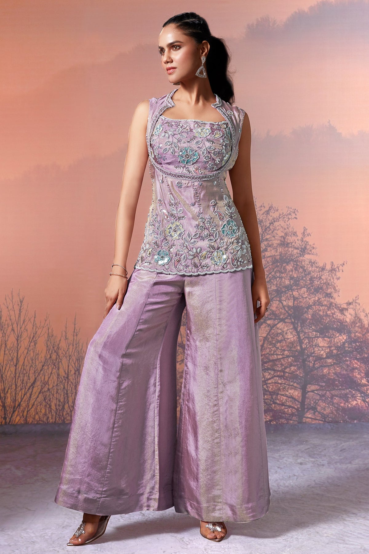 Lilac Purple Tissue Silk Sequin Beaded Palazzo Set - purple silk saree