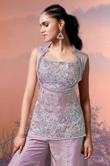 Lilac Purple Tissue Silk Sequin Beaded Palazzo Set - purple silk saree