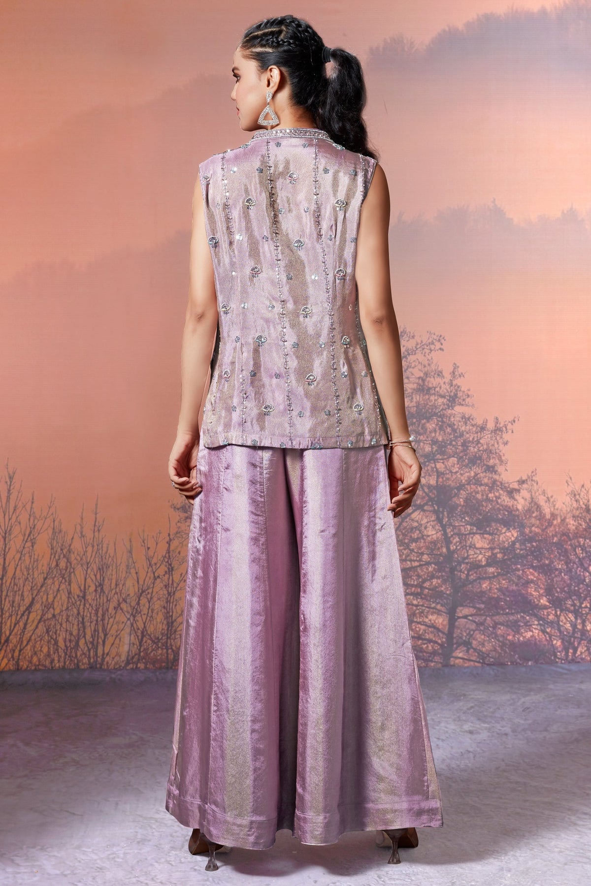 Lilac Purple Tissue Silk Sequin Beaded Palazzo Set - purple silk saree