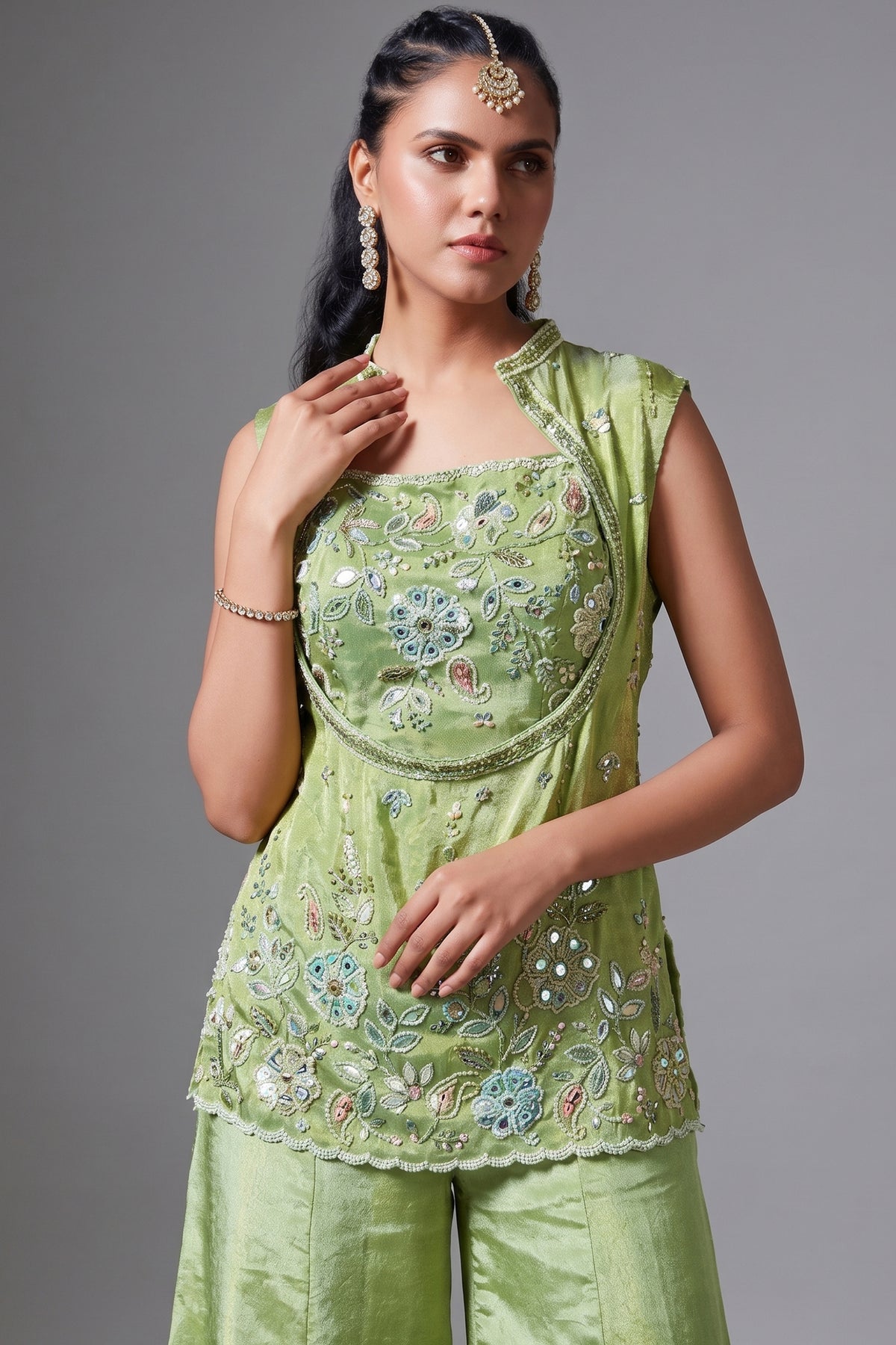 Green Tissue Silk Sequin Beaded Palazzo Set - green silk saree