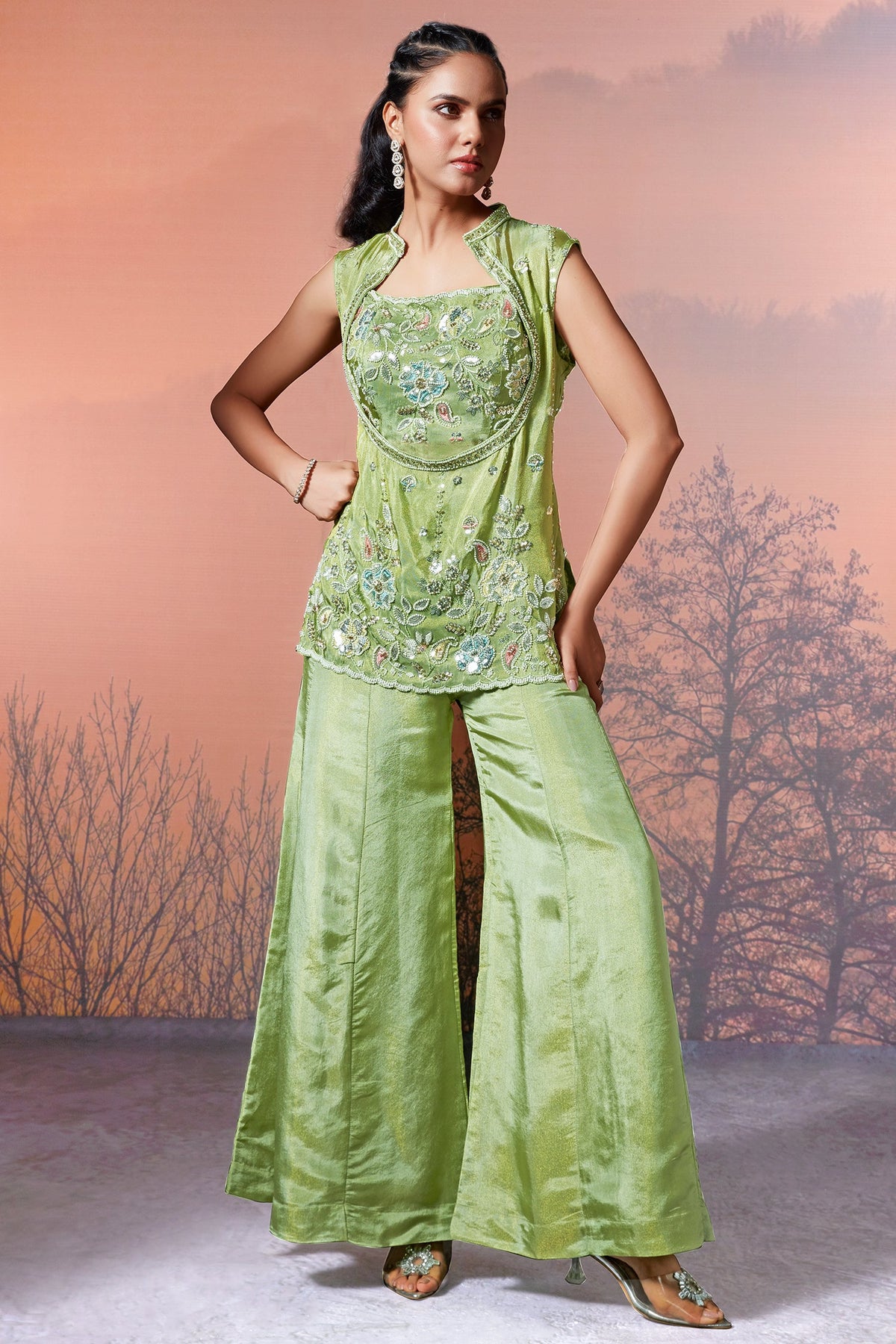 Green Tissue Silk Sequin Beaded Palazzo Set - green silk saree