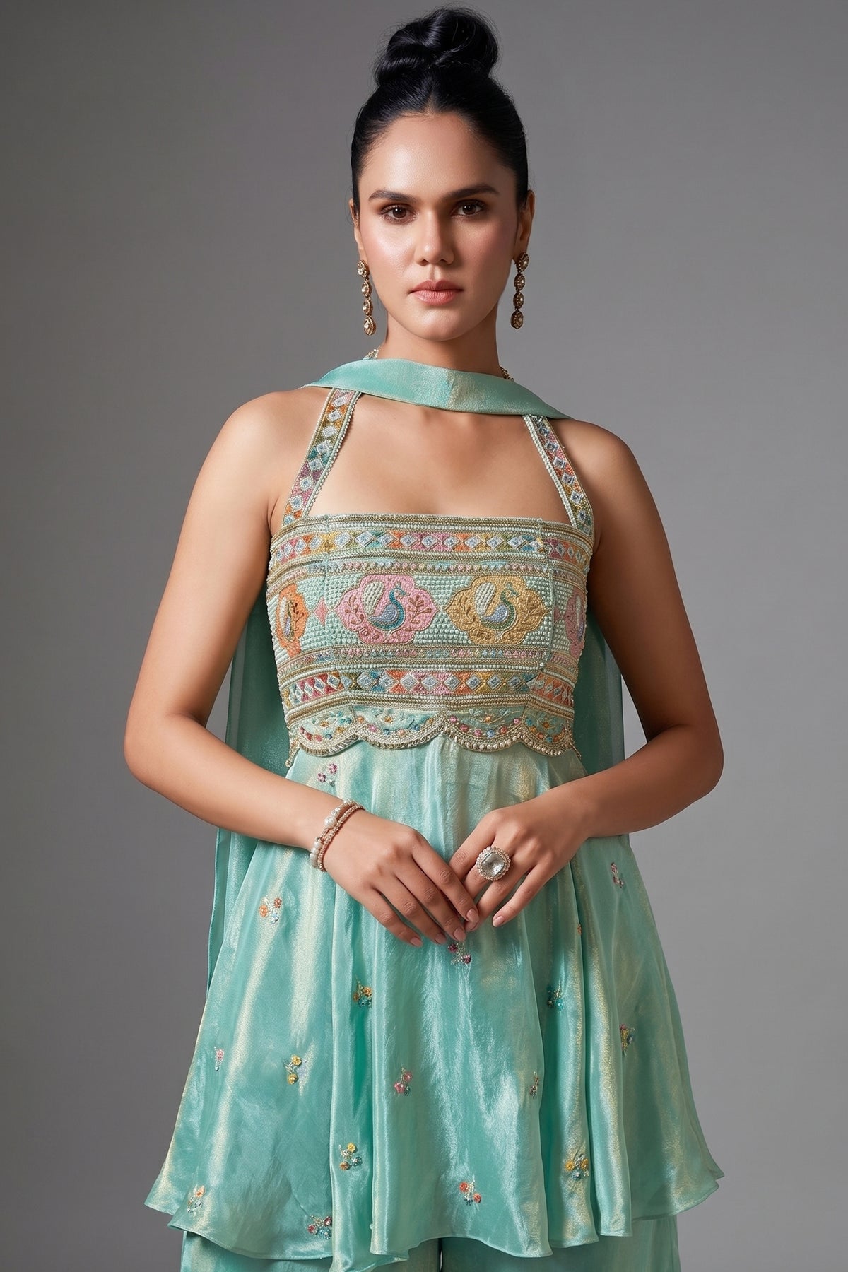 Sea Green Crepe Tissue Silk Halter Neck Embroidered Palazzo Suit - red silk saree embroidered