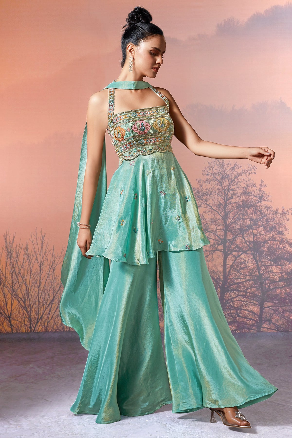 Sea Green Crepe Tissue Silk Halter Neck Embroidered Palazzo Suit - red silk saree embroidered
