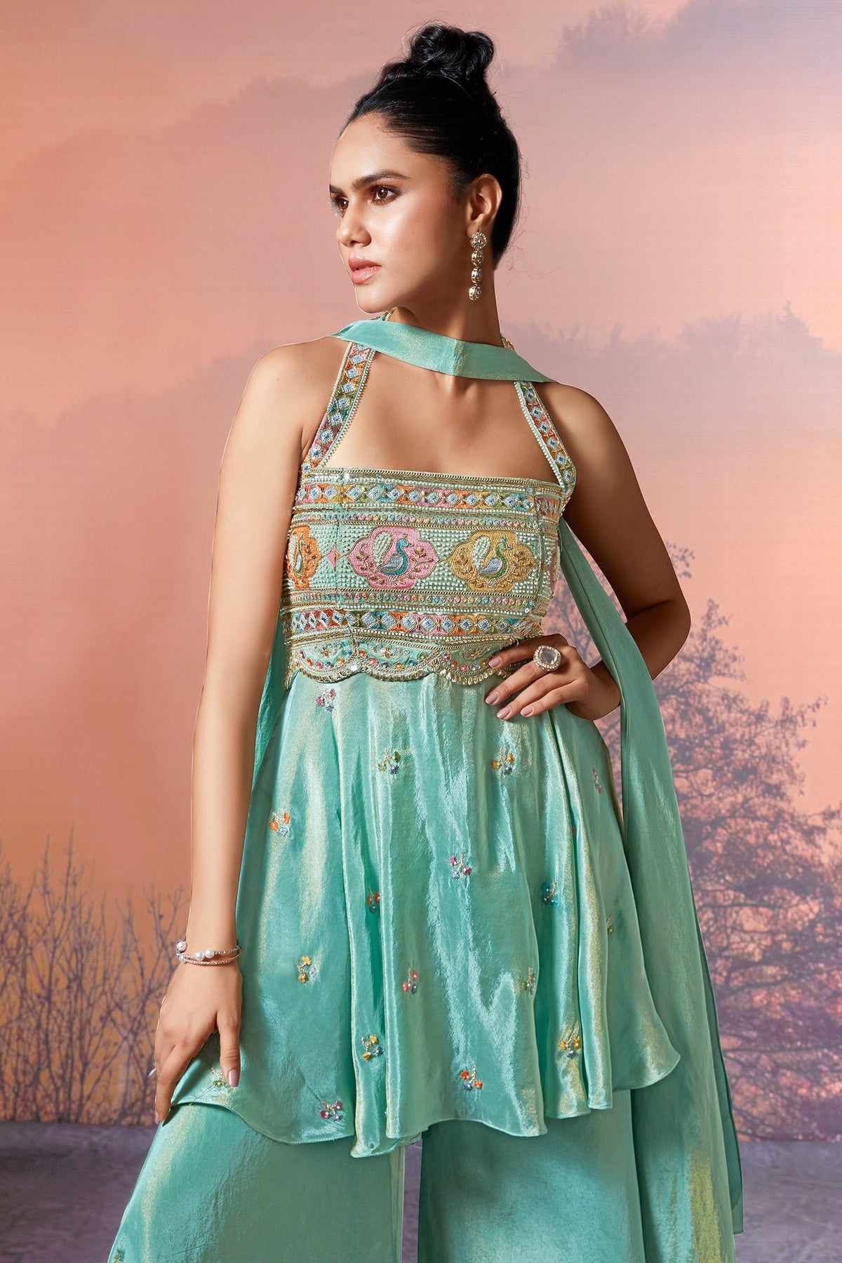 Sea Green Crepe Tissue Silk Halter Neck Embroidered Palazzo Suit - red silk saree embroidered