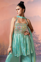 Sea Green Crepe Tissue Silk Halter Neck Embroidered Palazzo Suit - red silk saree embroidered