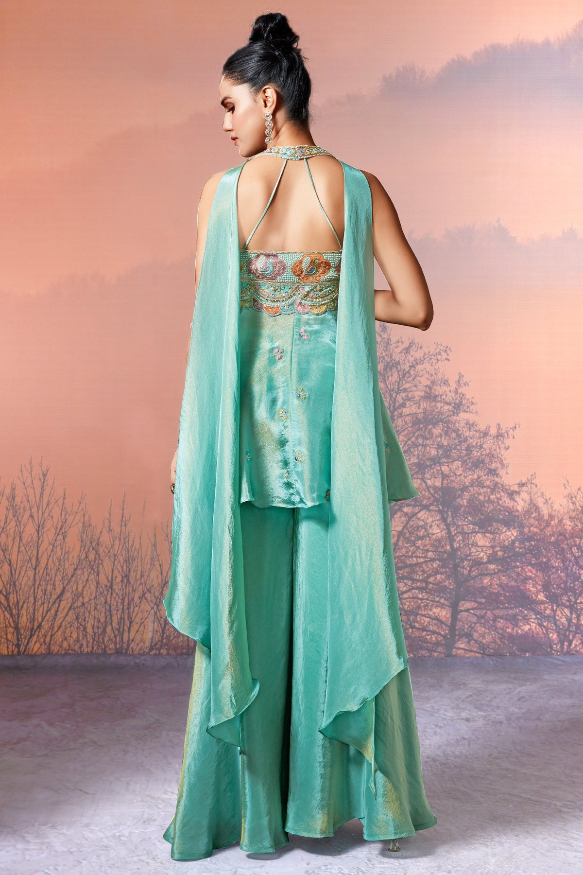 Sea Green Crepe Tissue Silk Halter Neck Embroidered Palazzo Suit - red silk saree embroidered
