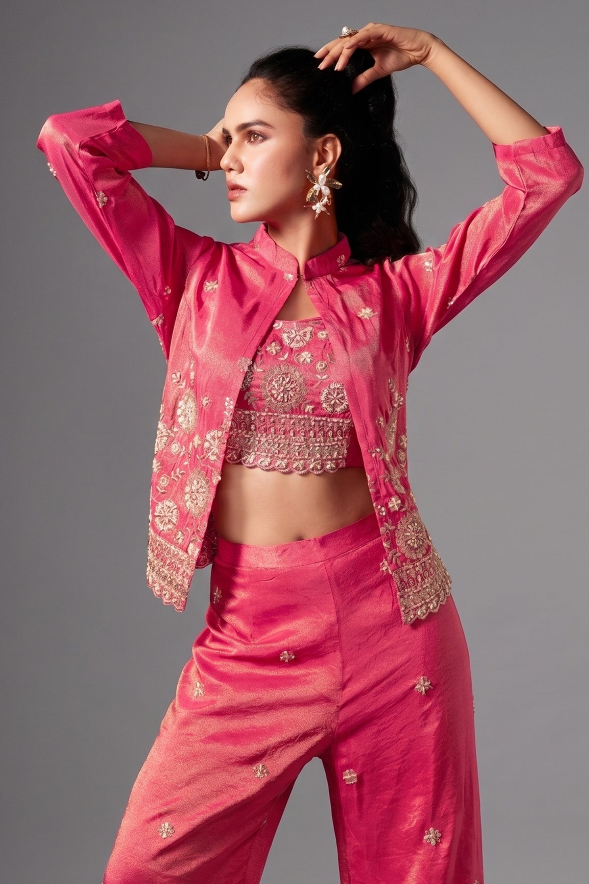 Pink Tissue Silk Crop Top Palazzo Set with Sequin Beaded Jacket - pink silk saree