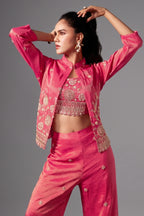 Pink Tissue Silk Crop Top Palazzo Set with Sequin Beaded Jacket - pink silk saree