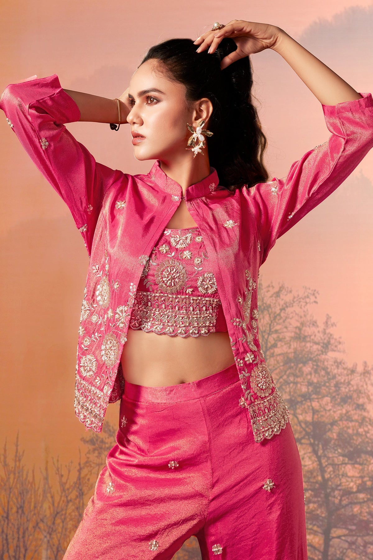 Pink Tissue Silk Crop Top Palazzo Set with Sequin Beaded Jacket - pink silk saree