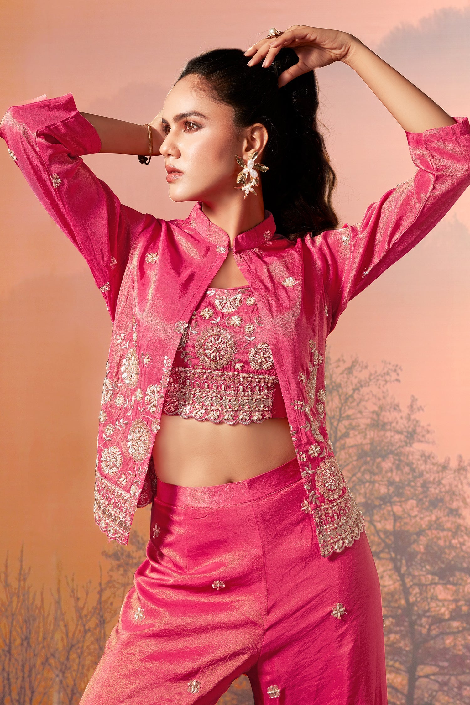 Pink Tissue Silk Crop Top Palazzo Set with Sequin Beaded Jacket - pink silk saree