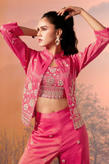 Pink Tissue Silk Crop Top Palazzo Set with Sequin Beaded Jacket - pink silk saree