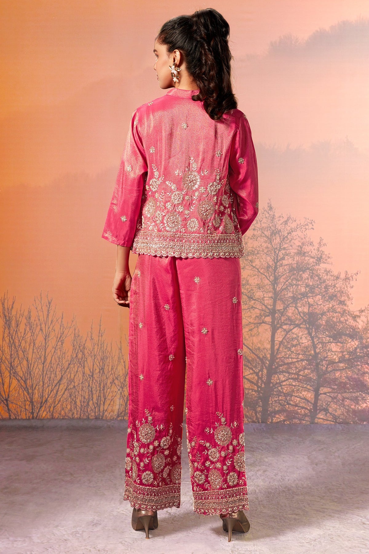 Pink Tissue Silk Crop Top Palazzo Set with Sequin Beaded Jacket - pink silk saree