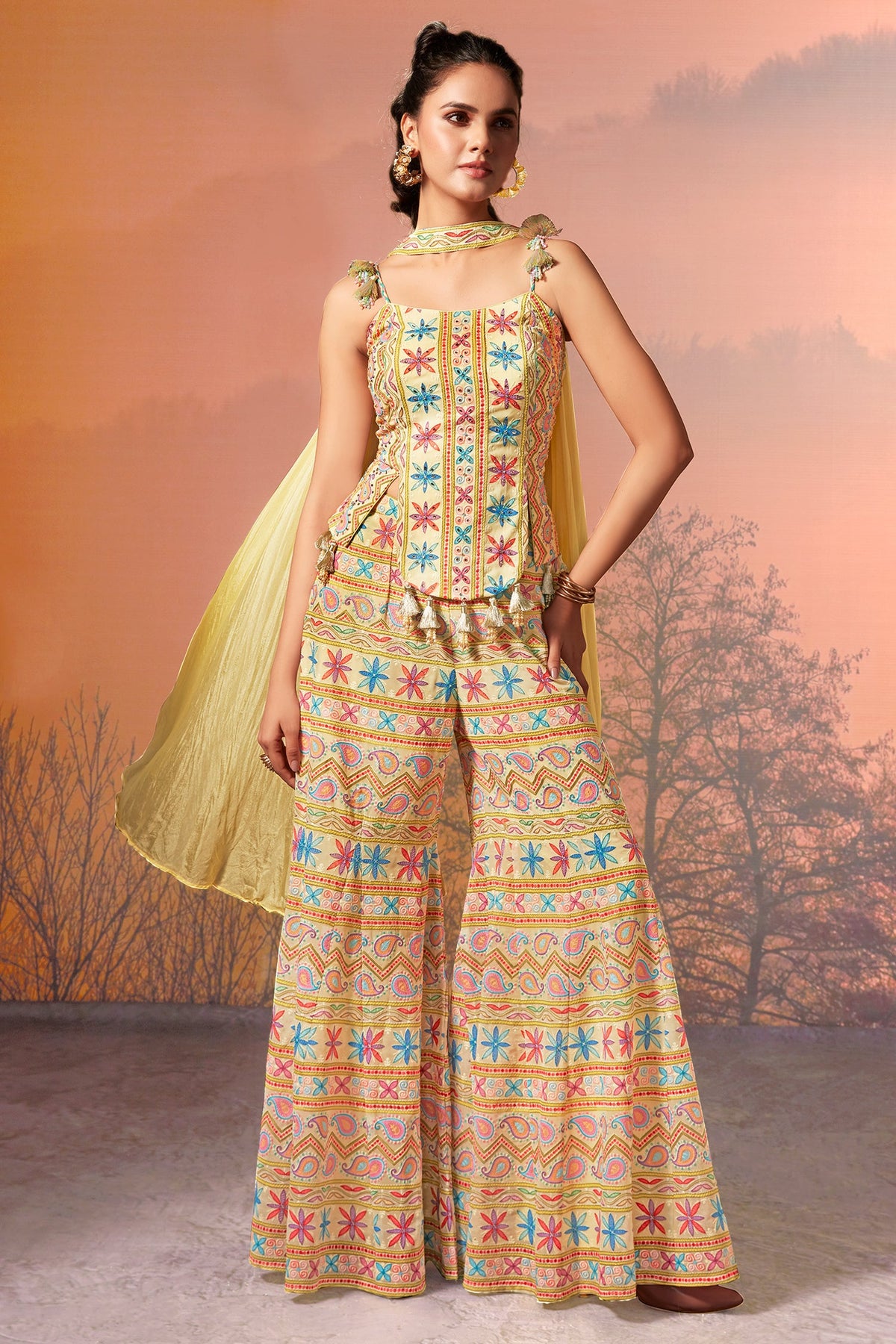 Light Yellow Georgette Embroidered Palazzo Suit - red georgette saree embroidered