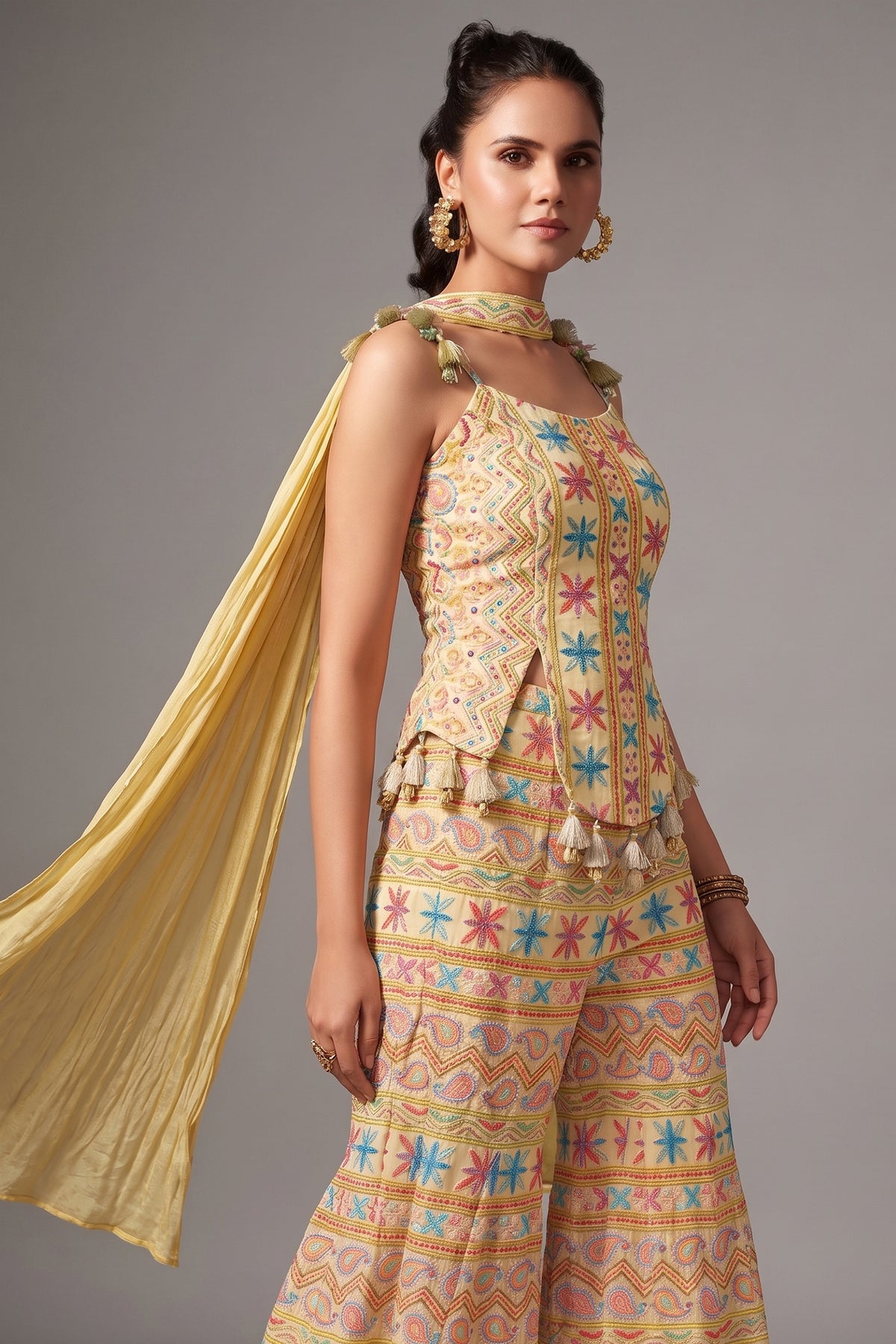 Light Yellow Georgette Embroidered Palazzo Suit - red georgette saree embroidered