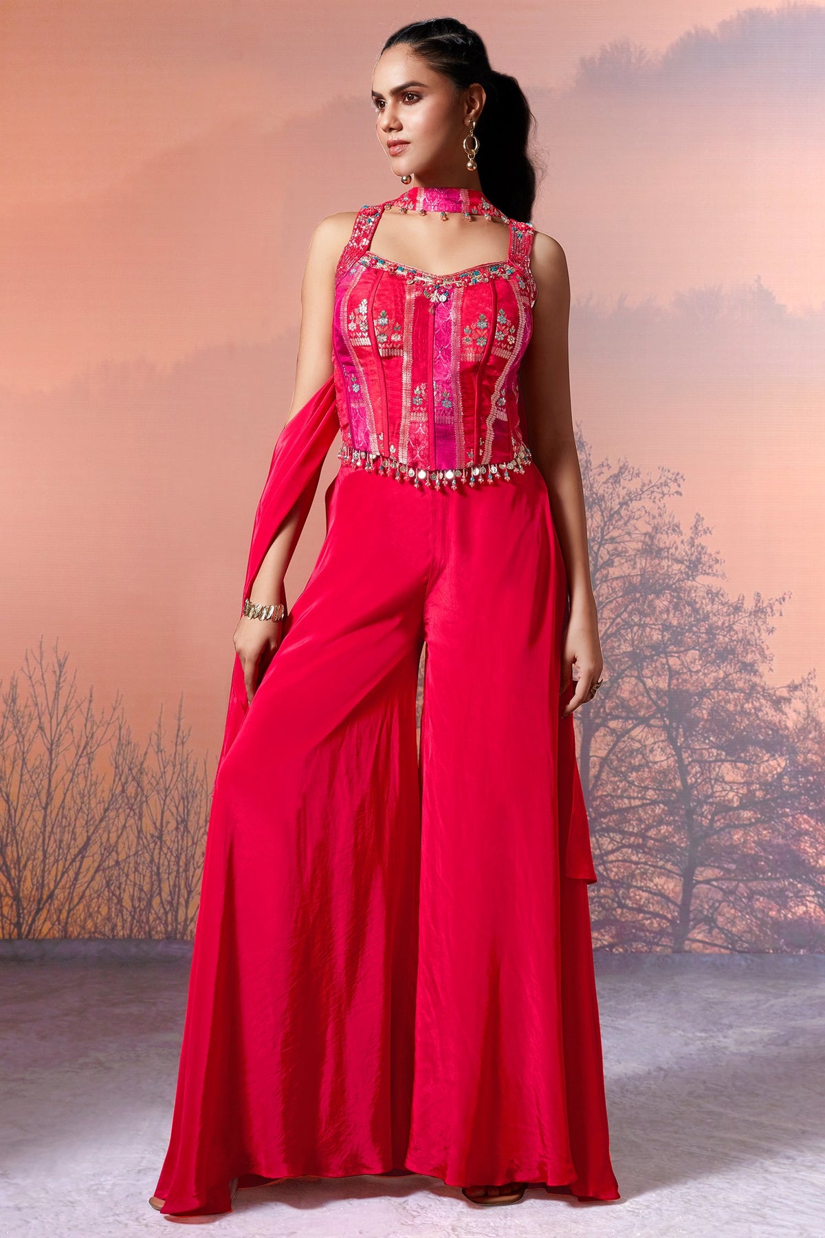 Pink Crepe Silk Woven Corset Palazzo Set - pink silk saree