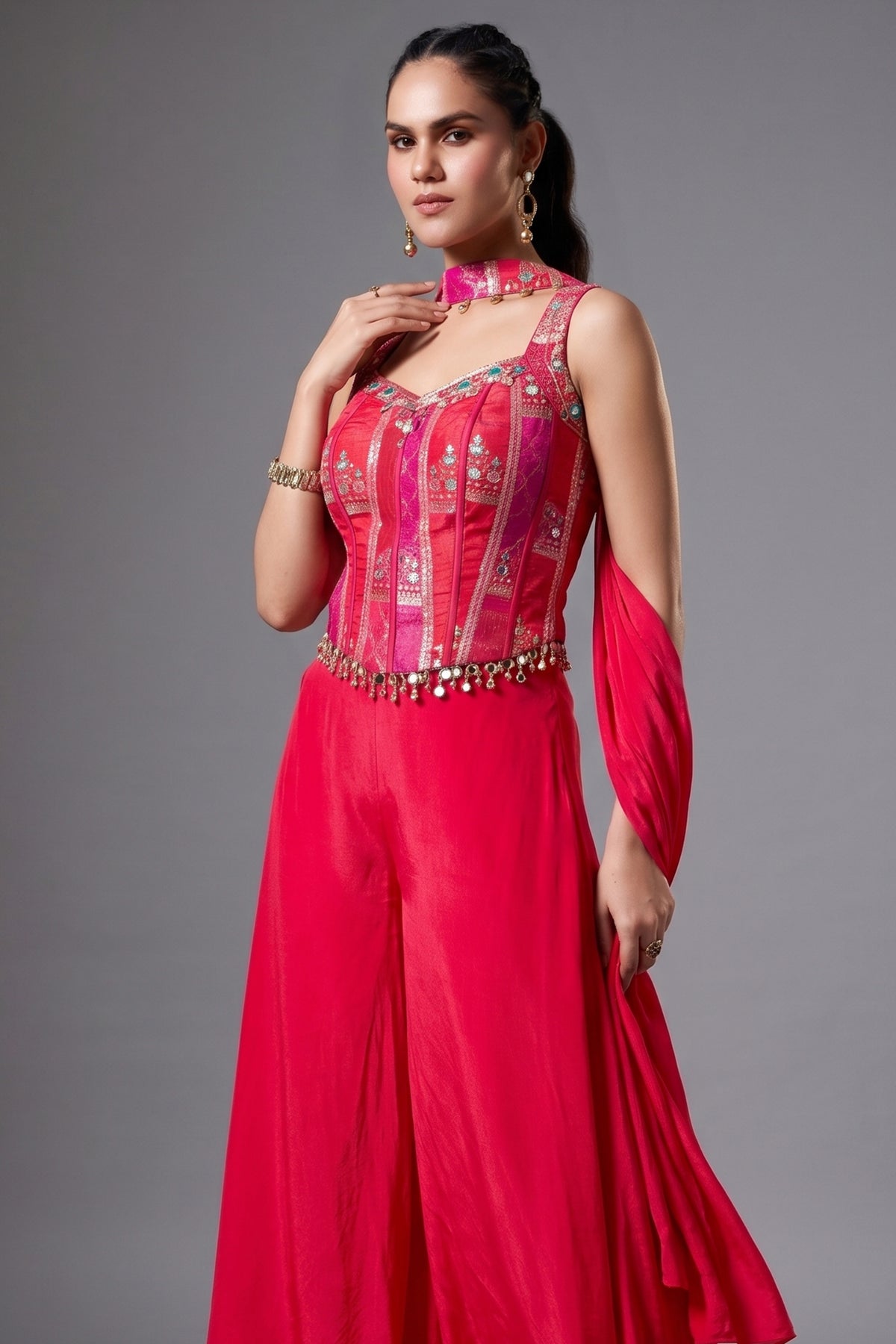 Pink Crepe Silk Woven Corset Palazzo Set - pink silk saree