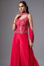 Pink Crepe Silk Woven Corset Palazzo Set - pink silk saree