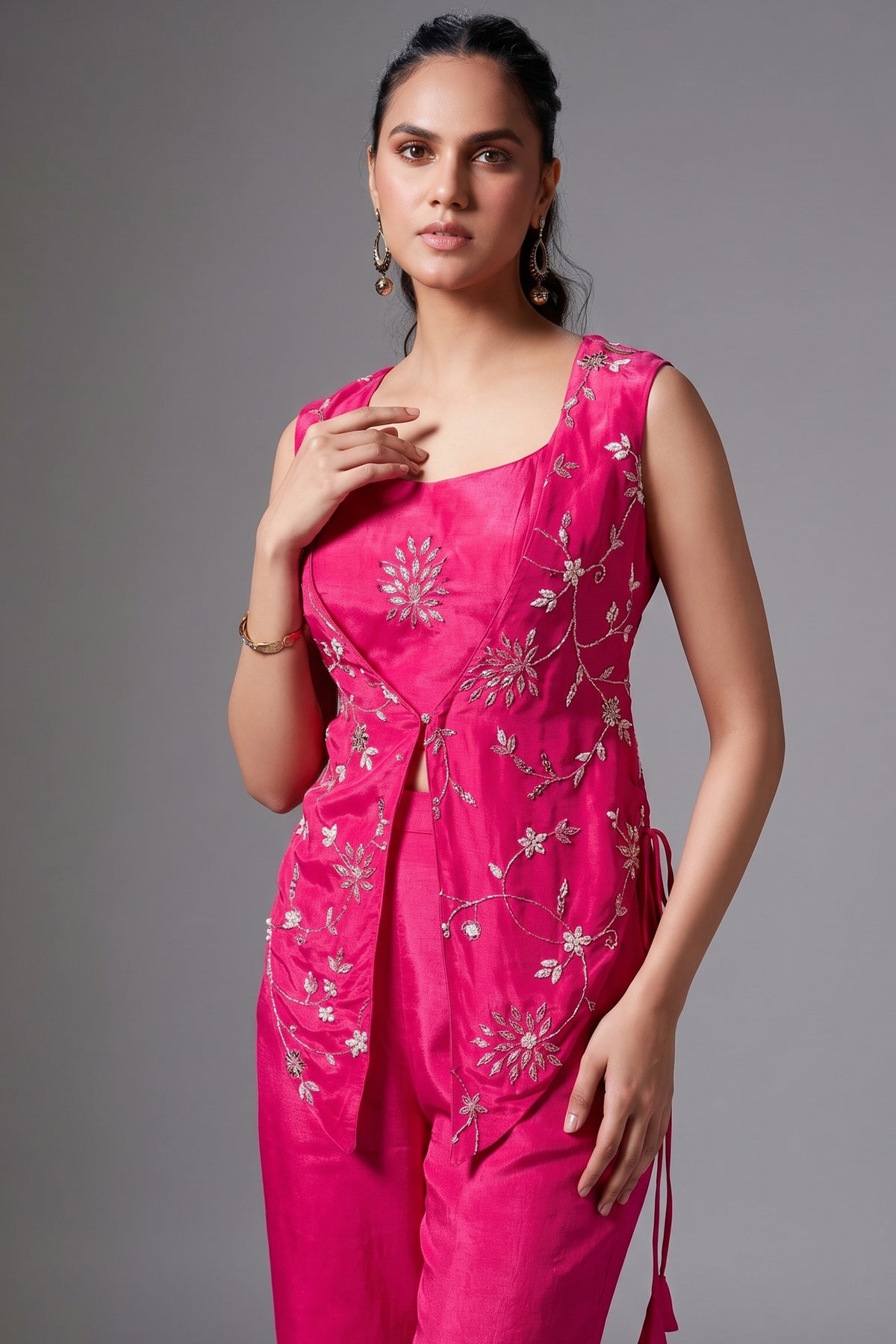 Pink Crepe Satin Silk Sequins Cutdana Work Crop Top Palazzo Set with Jacket - pink silk saree