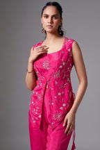 Pink Crepe Satin Silk Sequins Cutdana Work Crop Top Palazzo Set with Jacket - pink silk saree