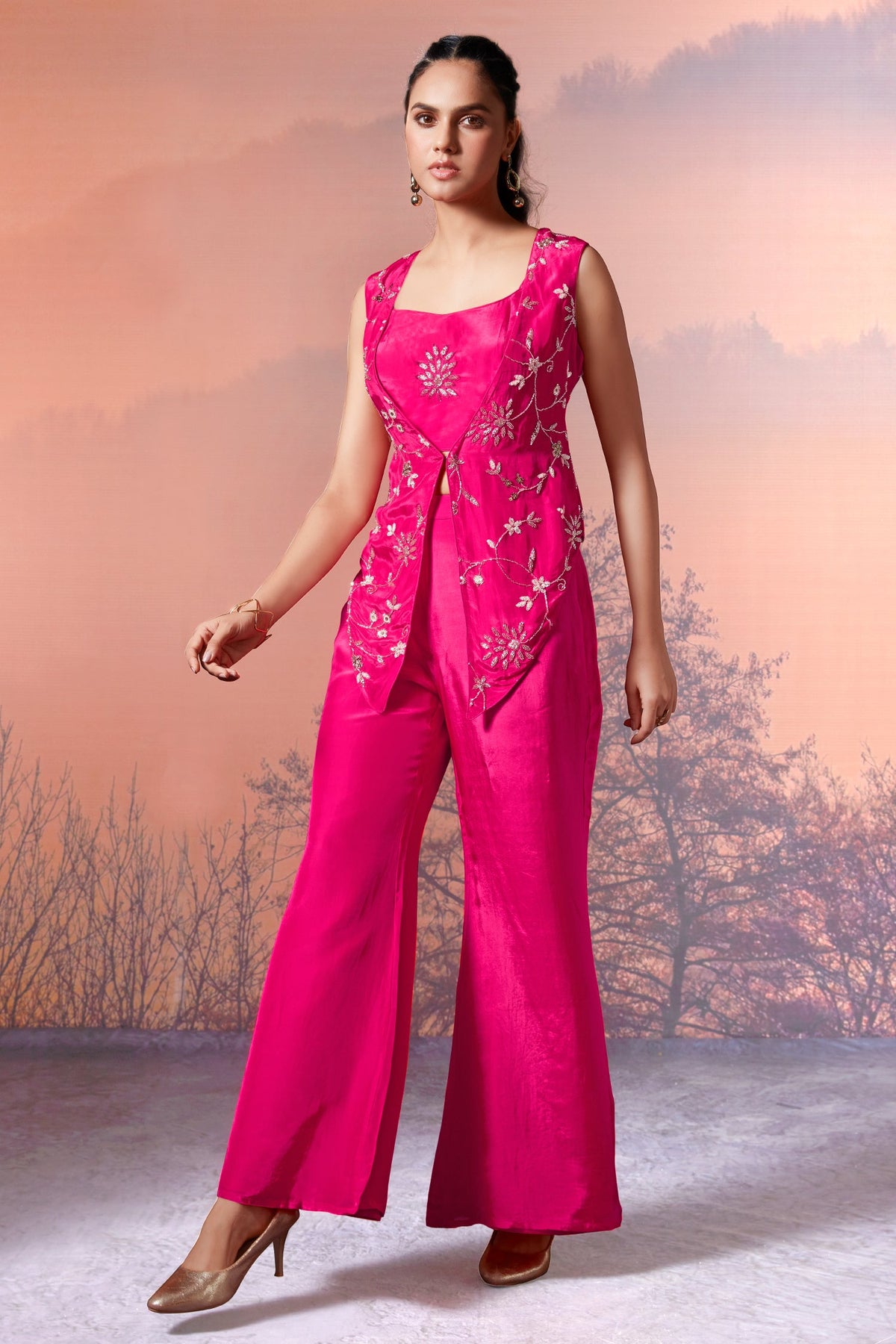 Pink Crepe Satin Silk Sequins Cutdana Work Crop Top Palazzo Set with Jacket - pink silk saree