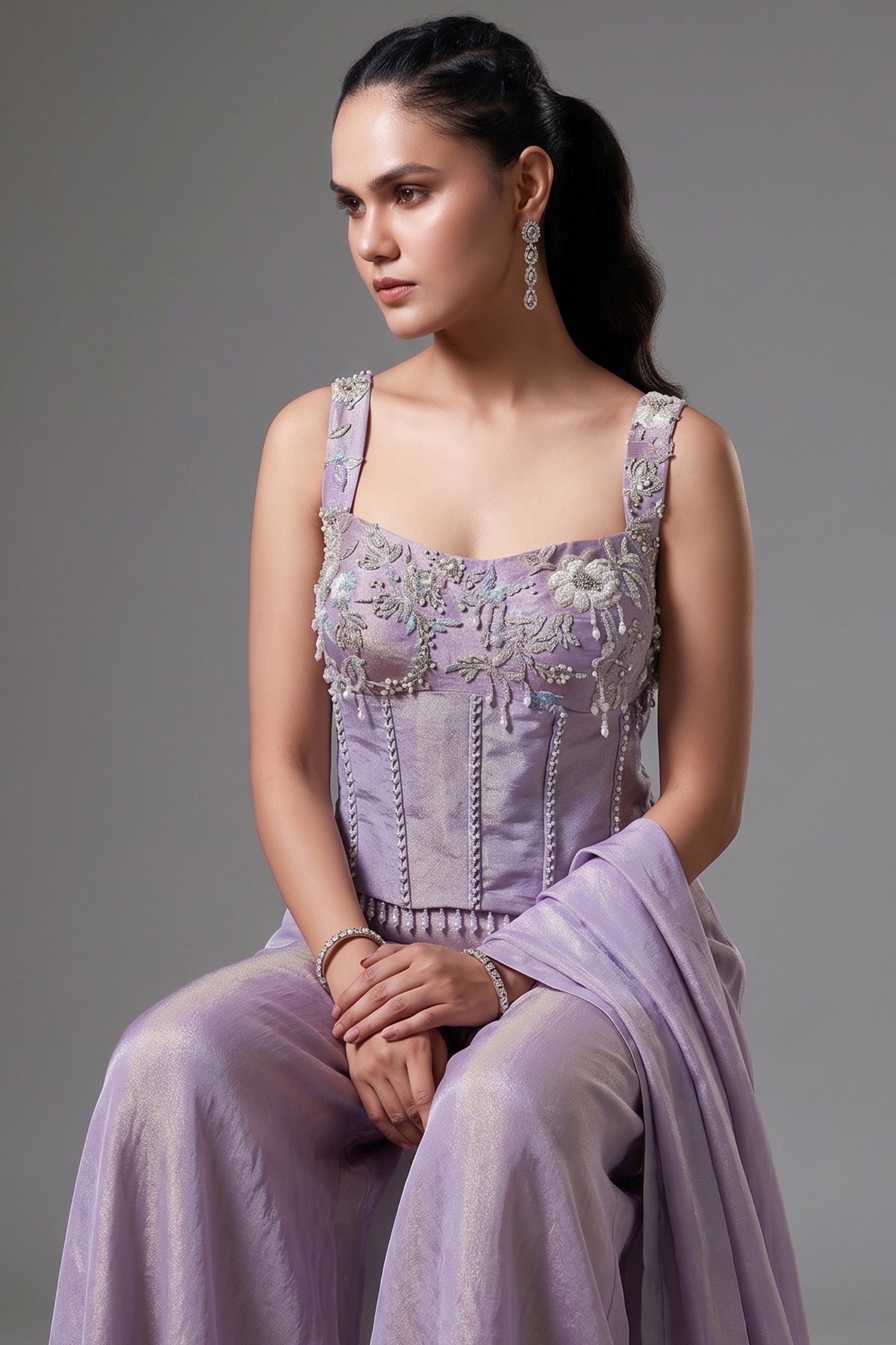 Lilac Purple Tissue Silk Seuqins Beaded Corset Palazzo Set - purple silk saree