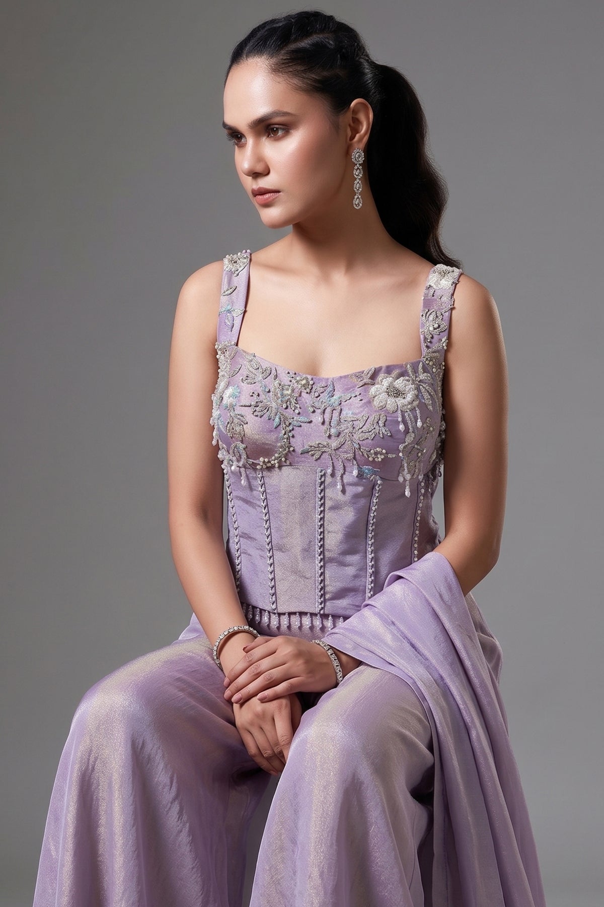 Lilac Purple Tissue Silk Seuqins Beaded Corset Palazzo Set - purple silk saree