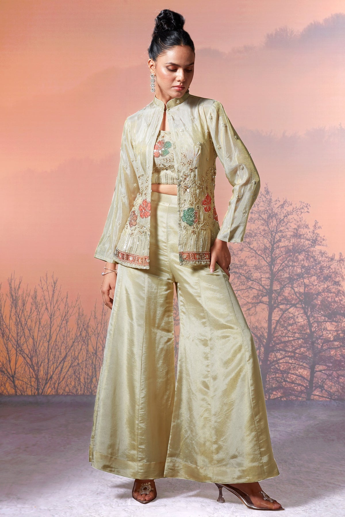 Cream Tissue Silk Sequin Beaded Worked Crop Top Palazzo Set - cream silk saree