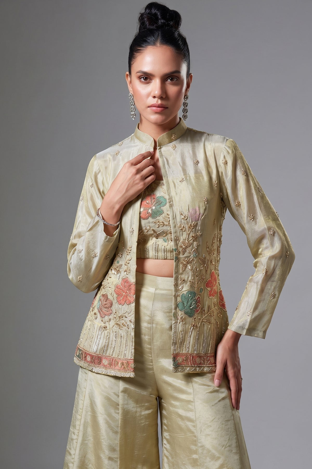Cream Tissue Silk Sequin Beaded Worked Crop Top Palazzo Set - cream silk saree