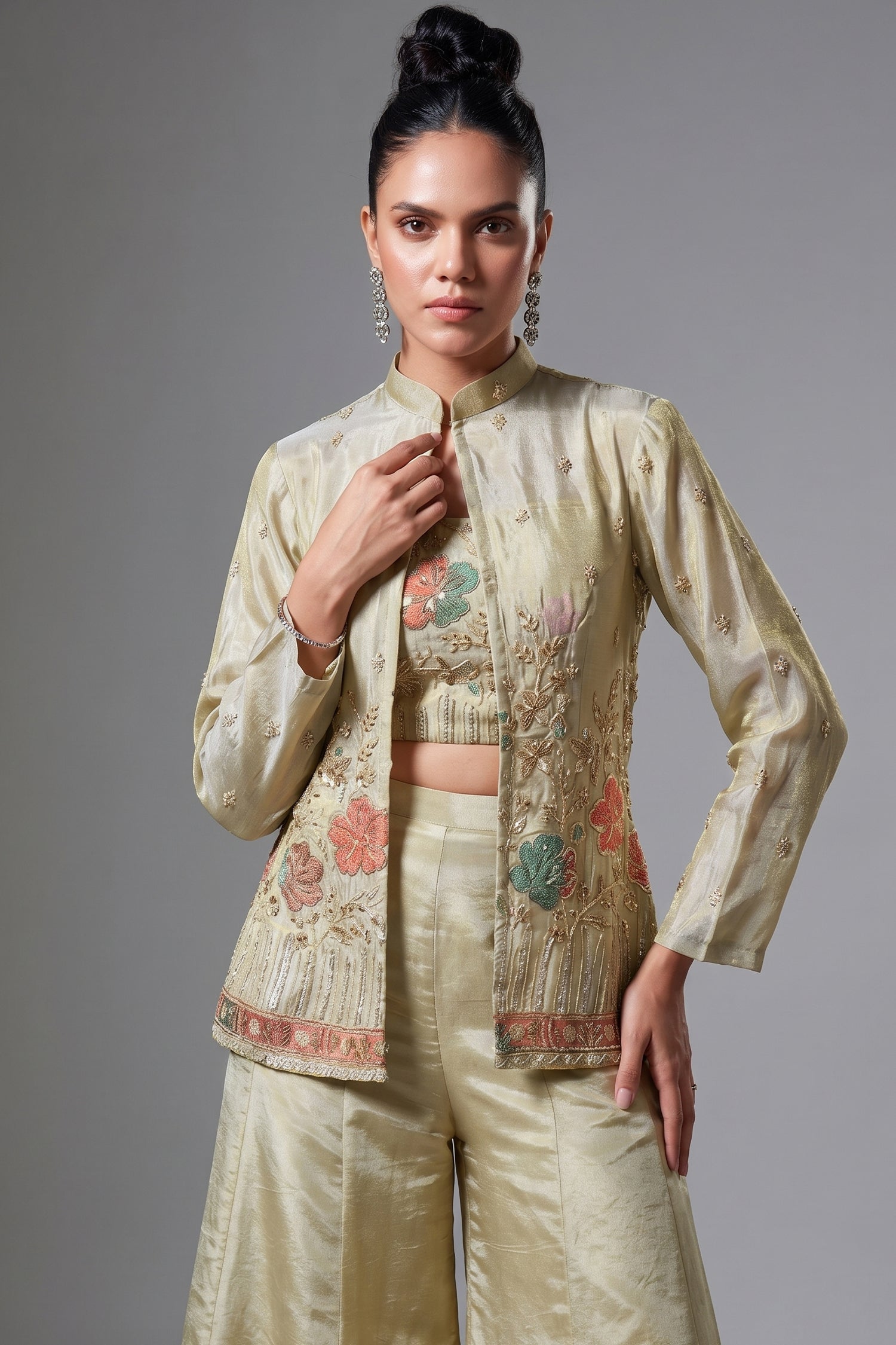Cream Tissue Silk Sequin Beaded Worked Crop Top Palazzo Set - cream silk saree