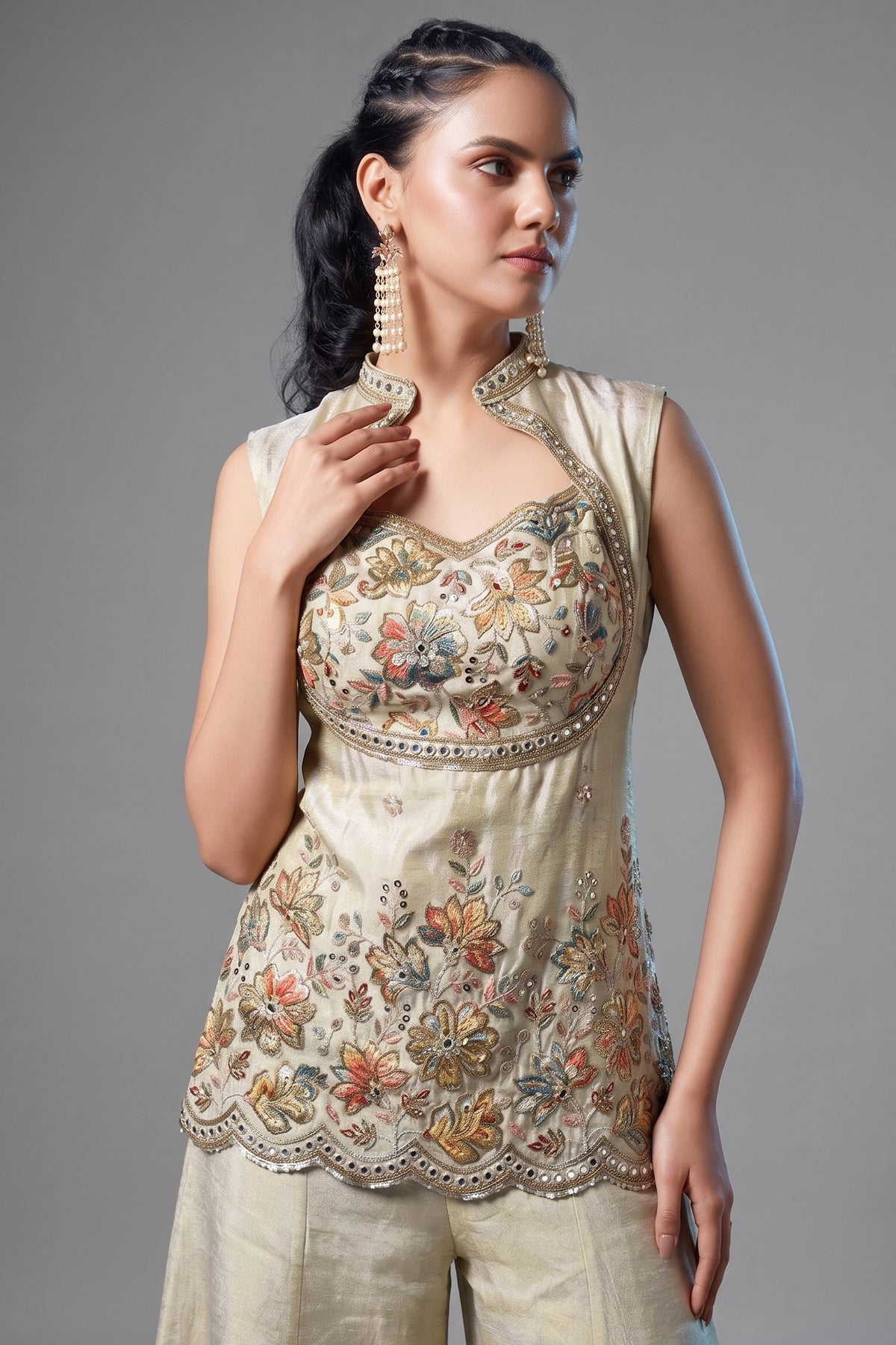 Cream Tissue Silk Sequins Cutdana Work Palazzo Suit - cream silk saree