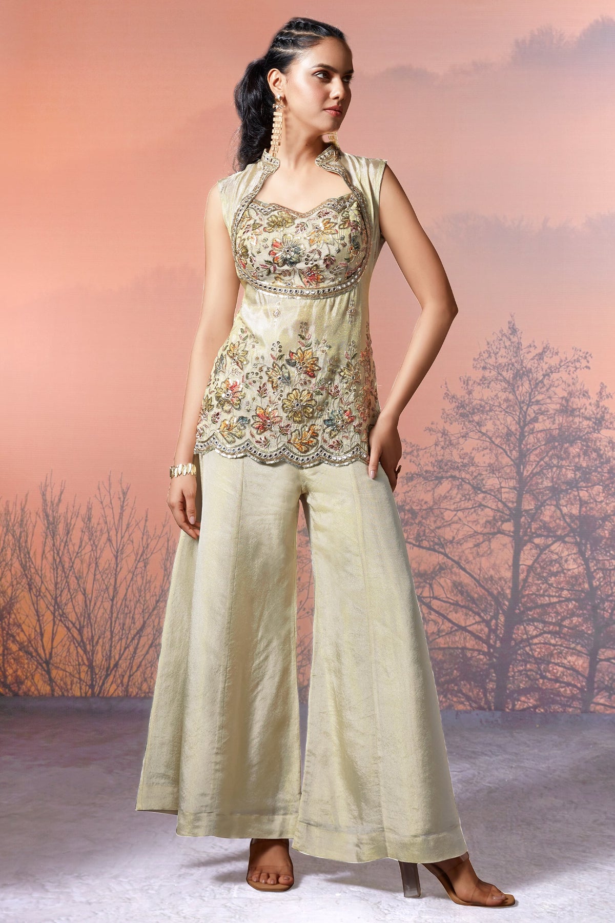 Cream Tissue Silk Sequins Cutdana Work Palazzo Suit - cream silk saree