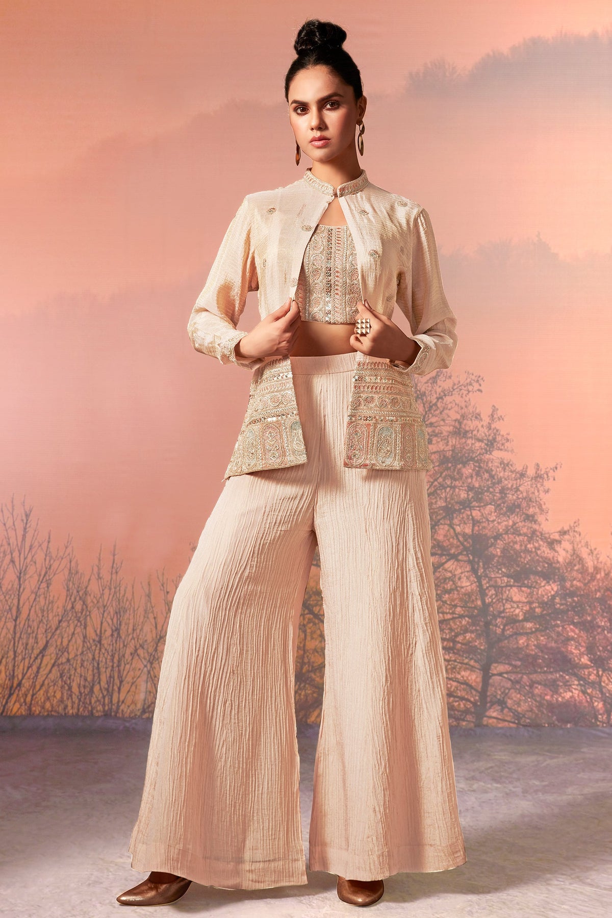 Cream Chinon Sequin Embroidered Crop Top Palazzo Set with Jacket - red saree embroidered