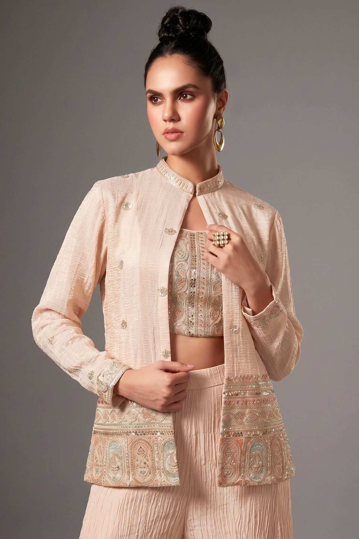 Cream Chinon Sequin Embroidered Crop Top Palazzo Set with Jacket - red saree embroidered