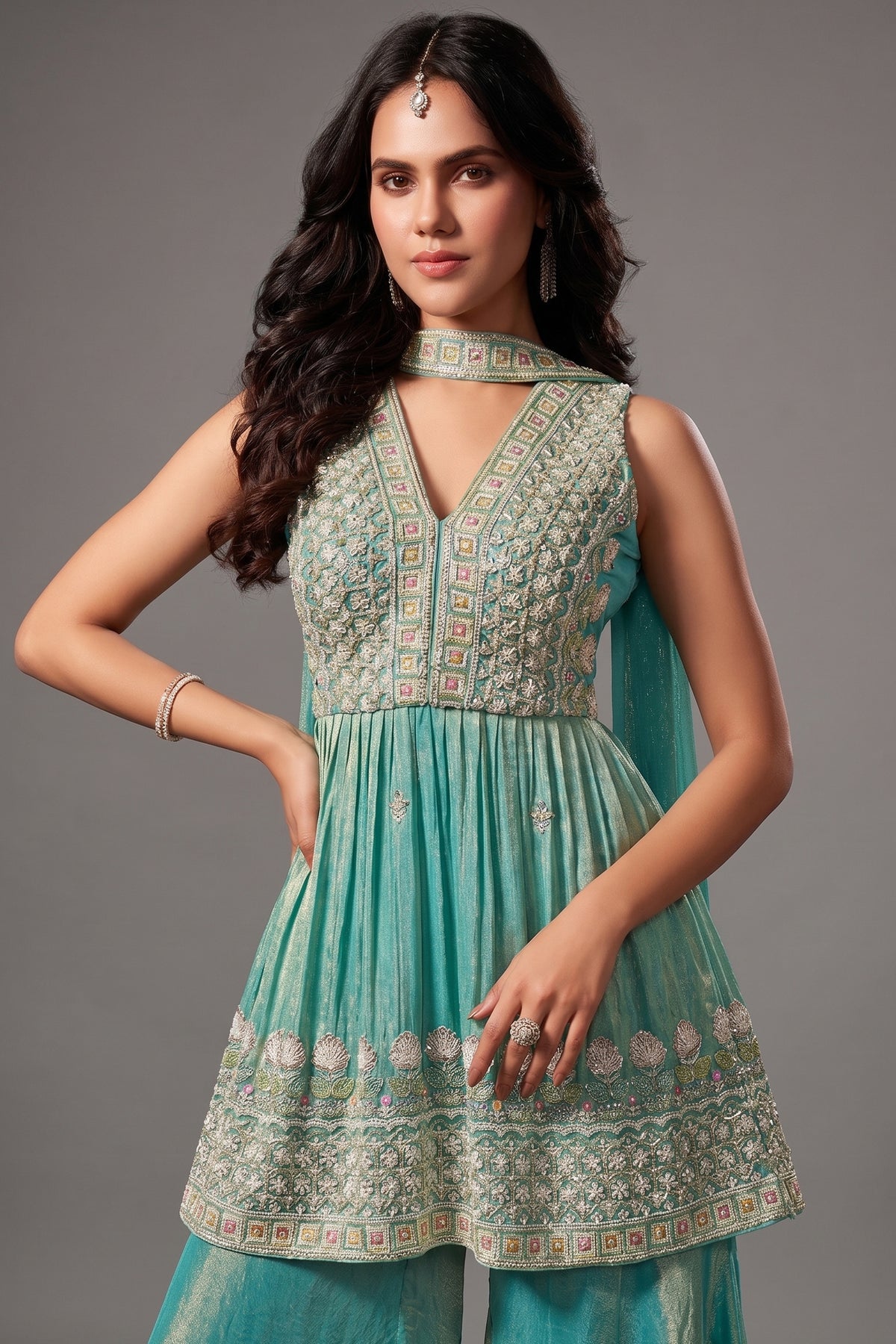 Aqua Green Tissue Silk Cutdana Worked Palazzo Suit - green silk saree