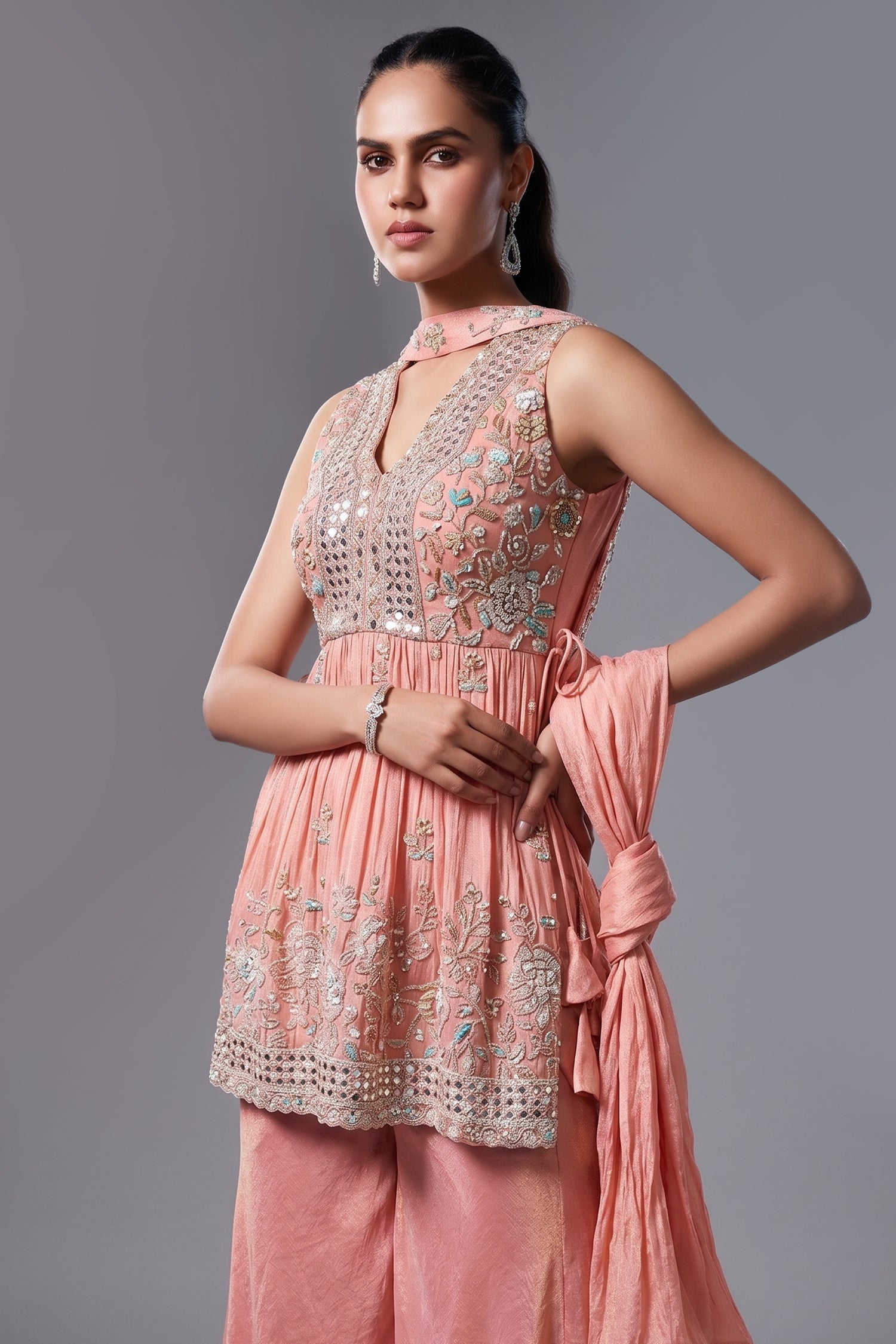 Peach Tissue Silk Cutdana worked Palazzo Suit - peach silk saree