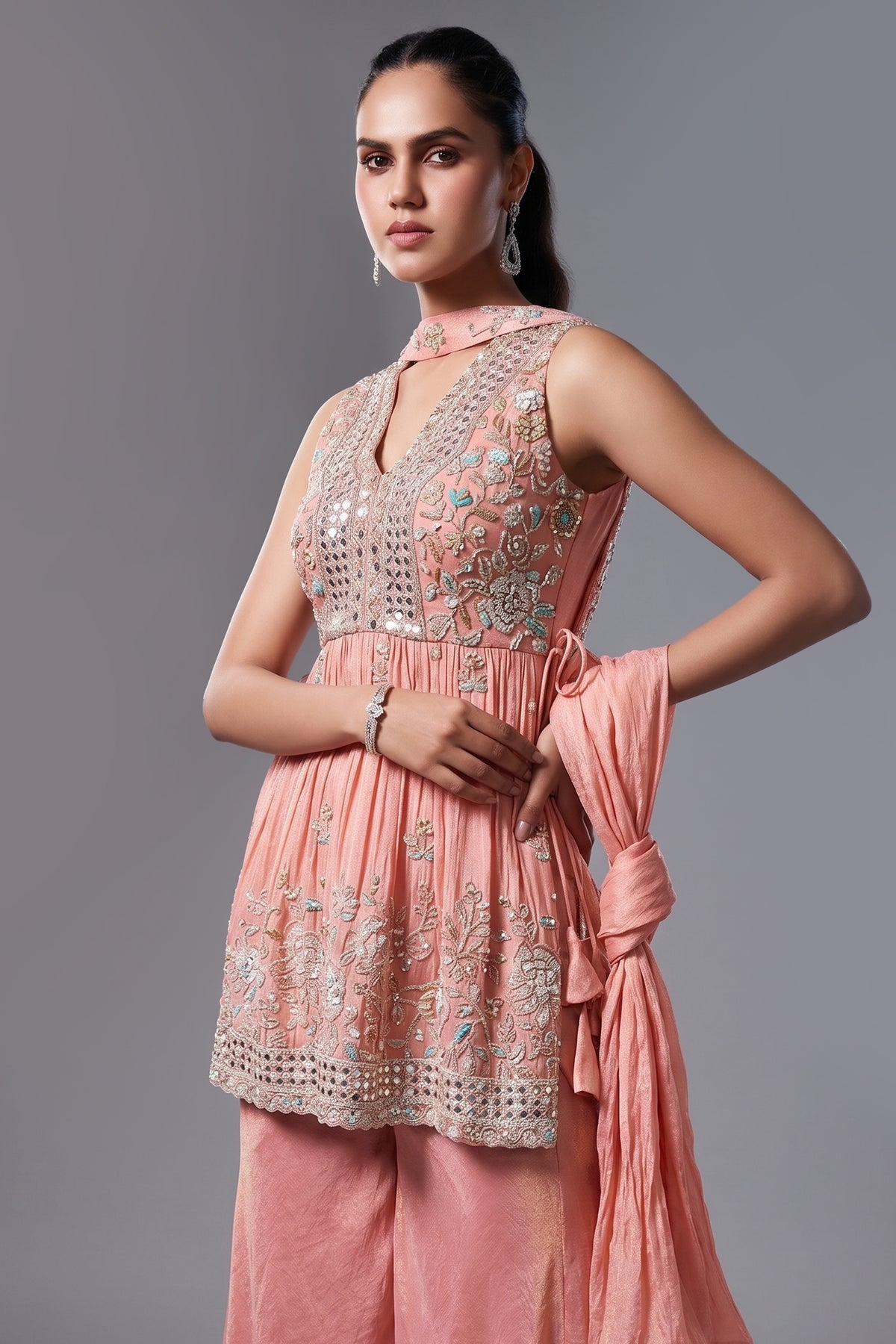 Peach Tissue Silk Cutdana worked Palazzo Suit - peach silk saree