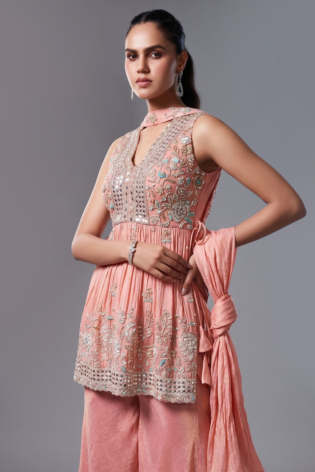 Peach Tissue Silk Cutdana worked Palazzo Suit - peach silk saree
