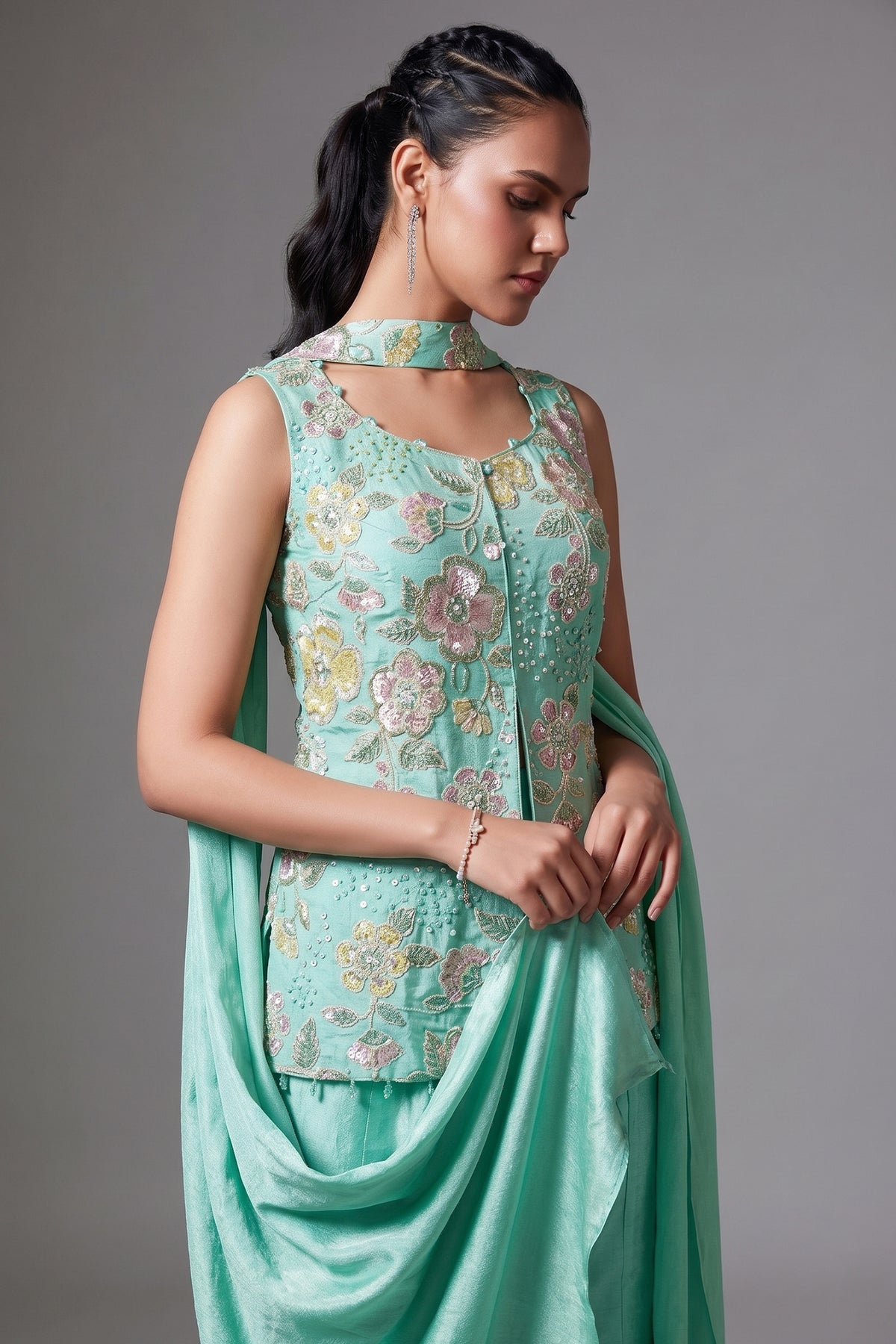 Light Sea Green Tissue Silk Sequins Cutdana Work Floral Motif Palazzo Suit - green silk saree