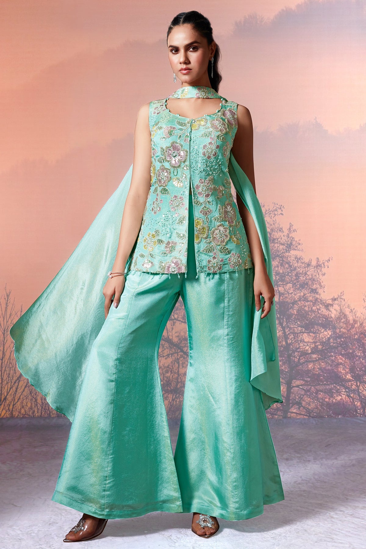 Light Sea Green Tissue Silk Sequins Cutdana Work Floral Motif Palazzo Suit - green silk saree
