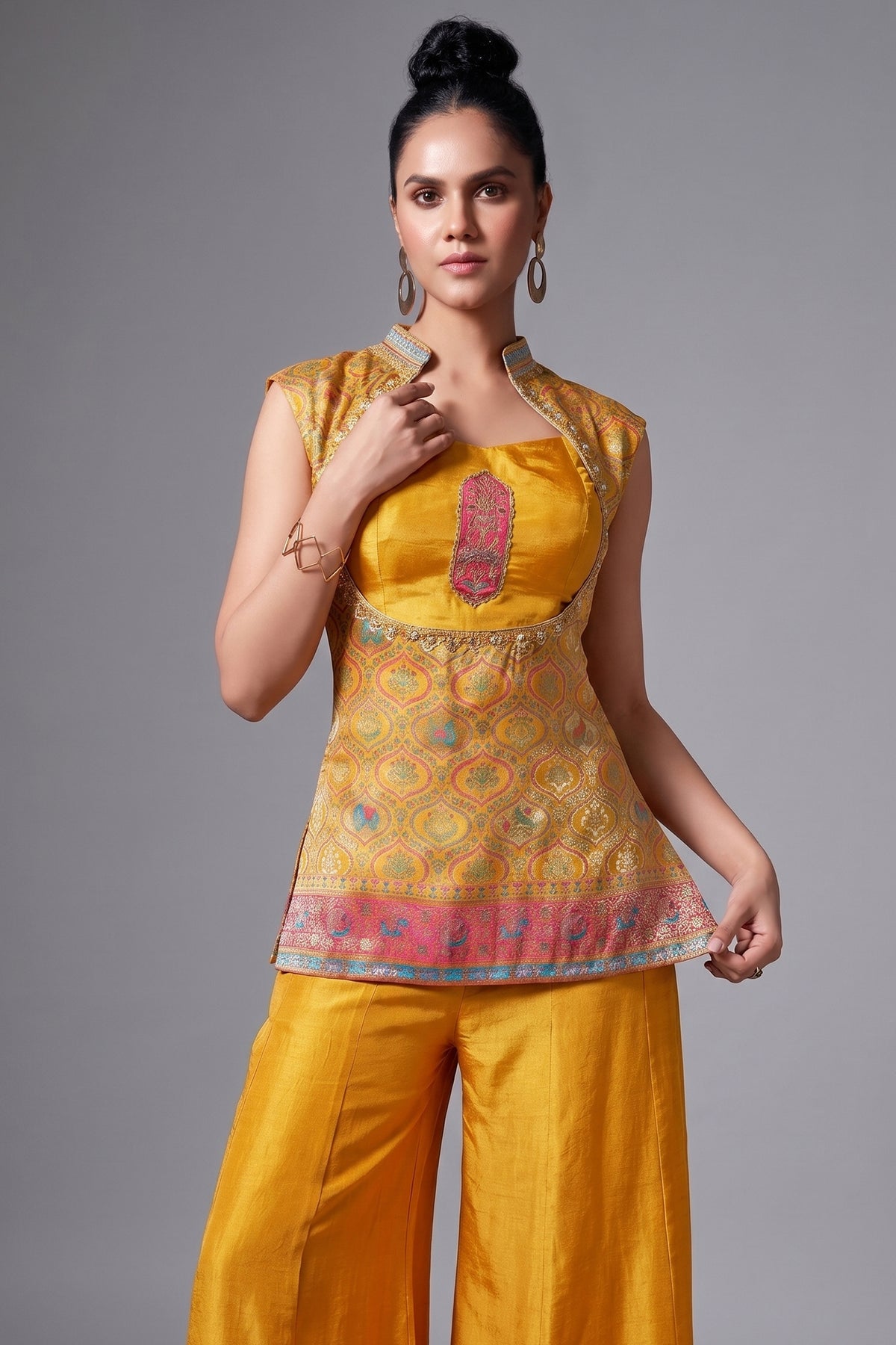 Yellow Dola Silk Elephant and Bird Motif Top and Palazzo Set - yellow silk saree