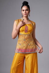 Yellow Dola Silk Elephant and Bird Motif Top and Palazzo Set
