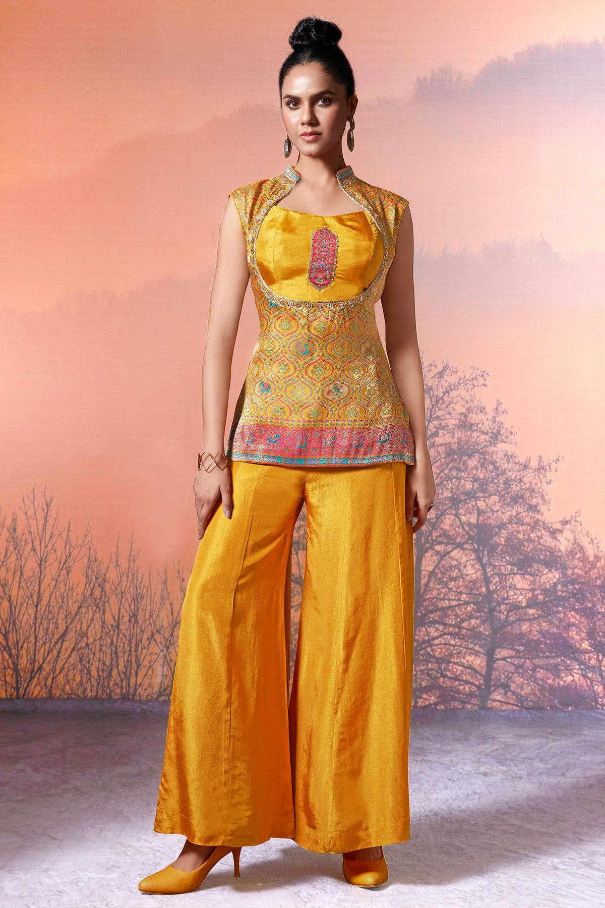Yellow Dola Silk Elephant and Bird Motif Top and Palazzo Set - yellow silk saree