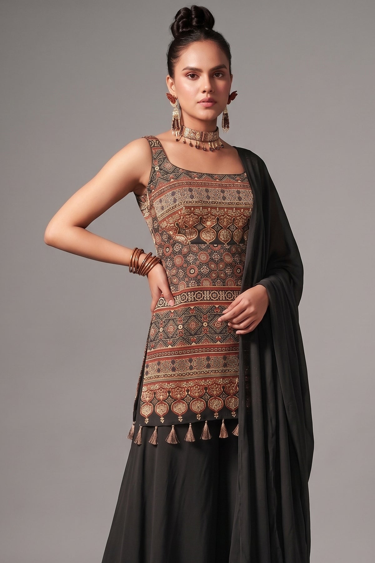 Black Modal Silk Ajrakh Printed Straight Cut Palazzo Suit - black silk saree